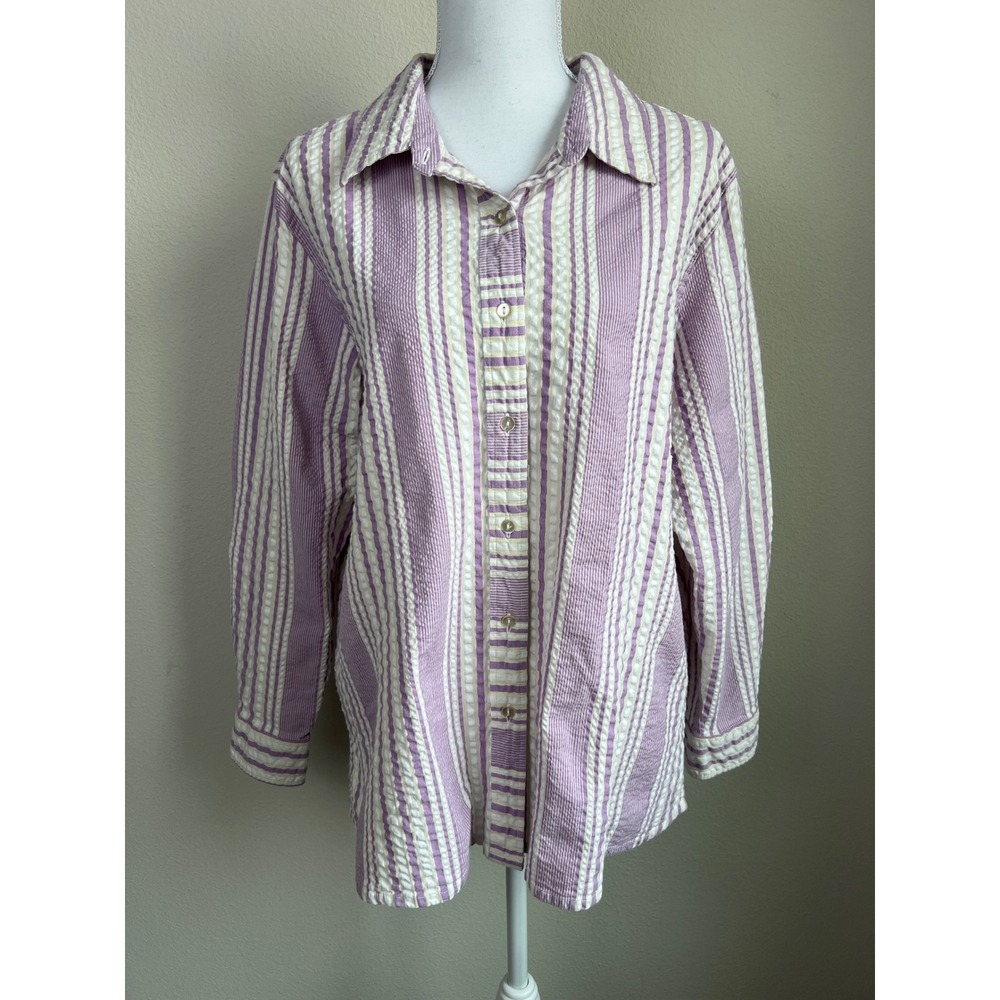 Denim&Co Purple‎ White Seersucker Stripe Button Up Shirt Blouse 1X Cotton Preppy